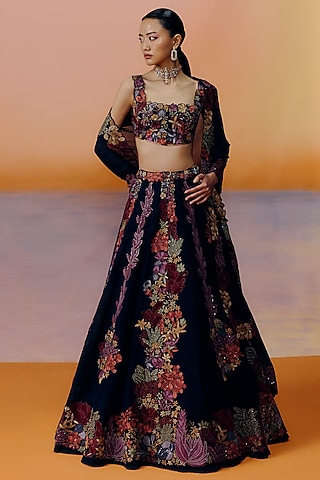 Black Organza Floral Embroidered Lehenga Set by Mishru