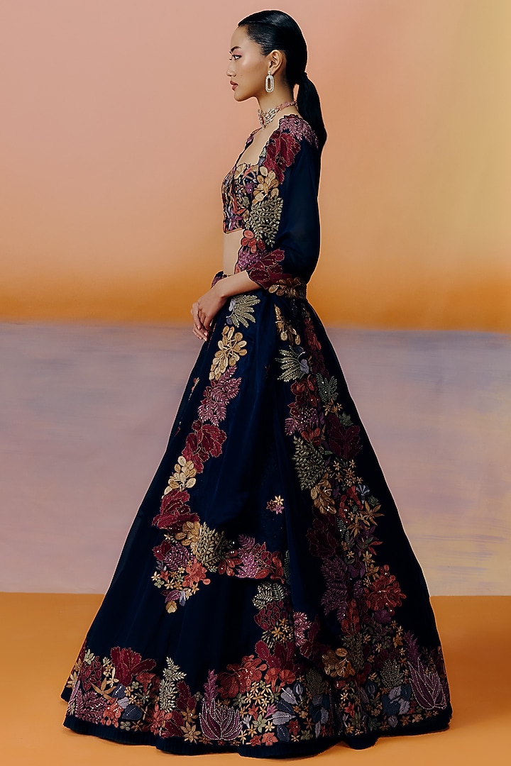 Black Organza Floral Embroidered Bridal Lehenga Set by Mishru at Pernia's Pop Up Shop