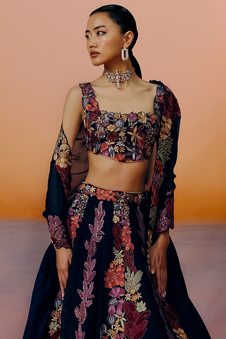 Black Organza Floral Embroidered Bridal Lehenga Set by Mishru at Pernia's Pop Up Shop