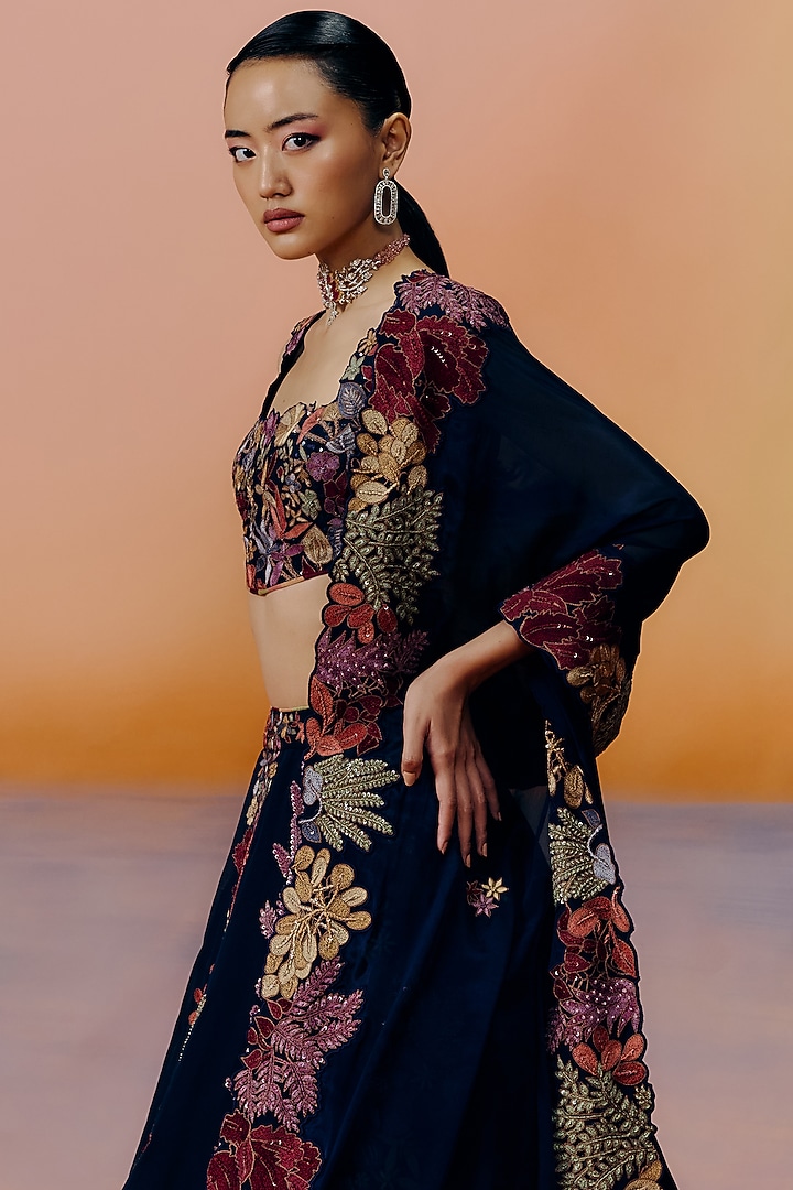 Black Organza Floral Embroidered Bridal Lehenga Set by Mishru at Pernia's Pop Up Shop