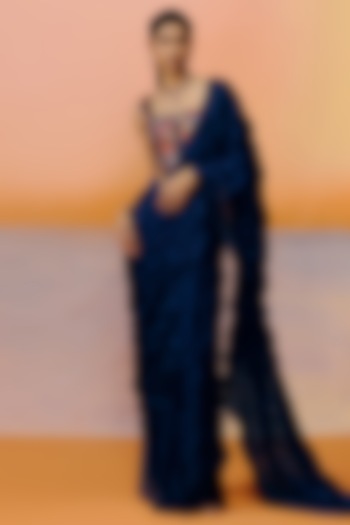 Navy Blue Organza Reception Saree Set by Mishru at Pernia's Pop Up Shop
