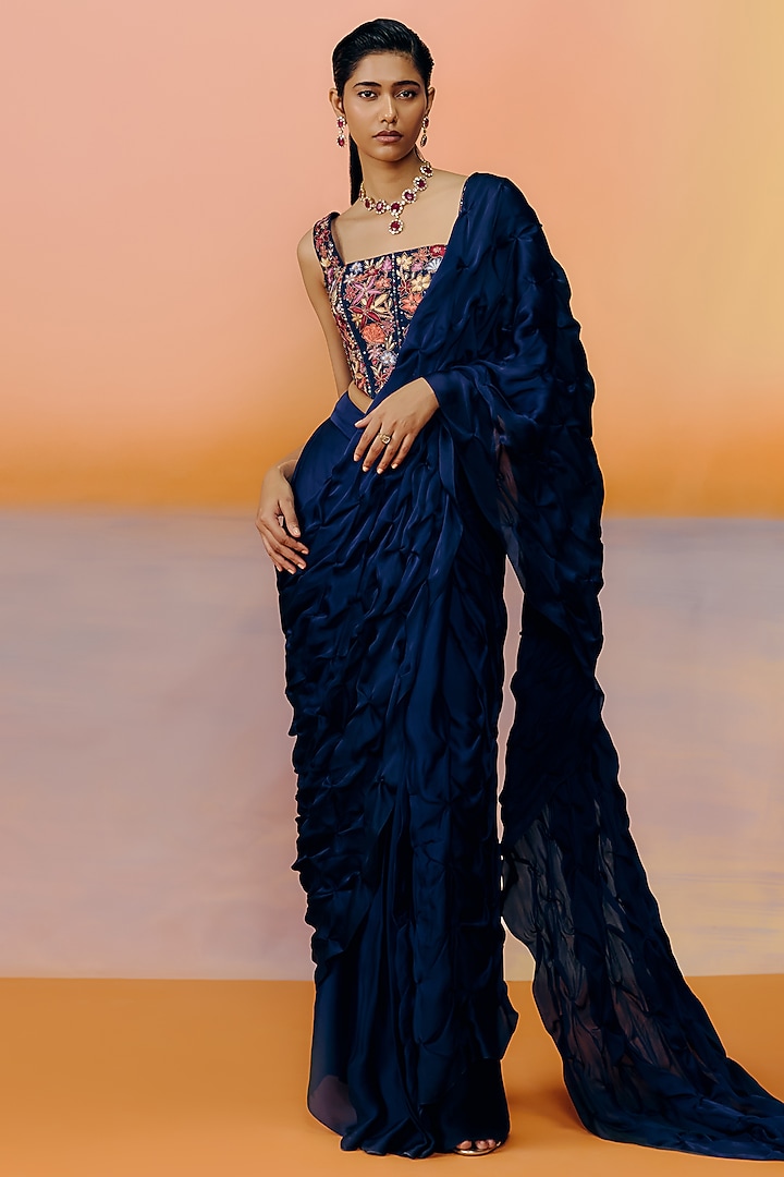 Navy Blue Organza Reception Saree Set by Mishru at Pernia's Pop Up Shop