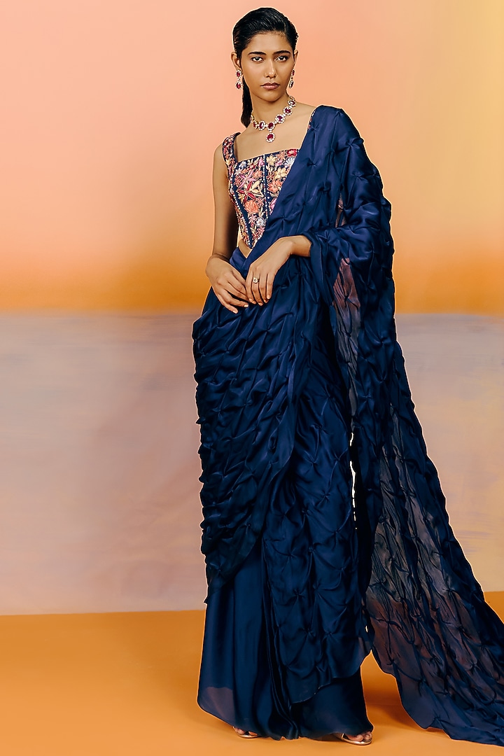 Navy Blue Organza Reception Saree Set by Mishru at Pernia's Pop Up Shop