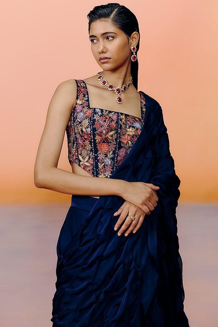 Navy Blue Organza Reception Saree Set by Mishru at Pernia's Pop Up Shop