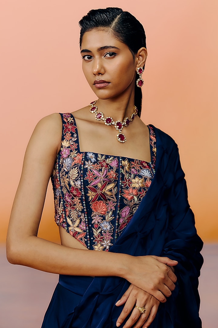 Navy Blue Organza Reception Saree Set by Mishru at Pernia's Pop Up Shop