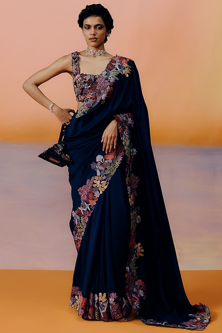 Navy Blue Silk Floral Embroidered Bridal Saree Set by Mishru at Pernia's Pop Up Shop