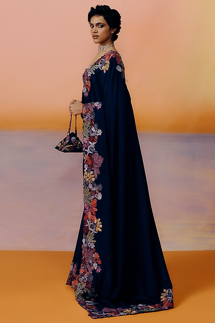 Navy Blue Silk Floral Embroidered Bridal Saree Set by Mishru at Pernia's Pop Up Shop