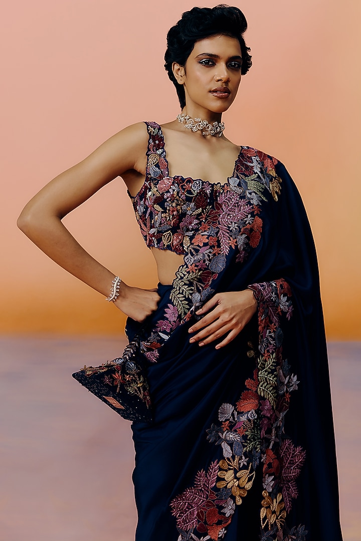Navy Blue Silk Floral Embroidered Bridal Saree Set by Mishru at Pernia's Pop Up Shop