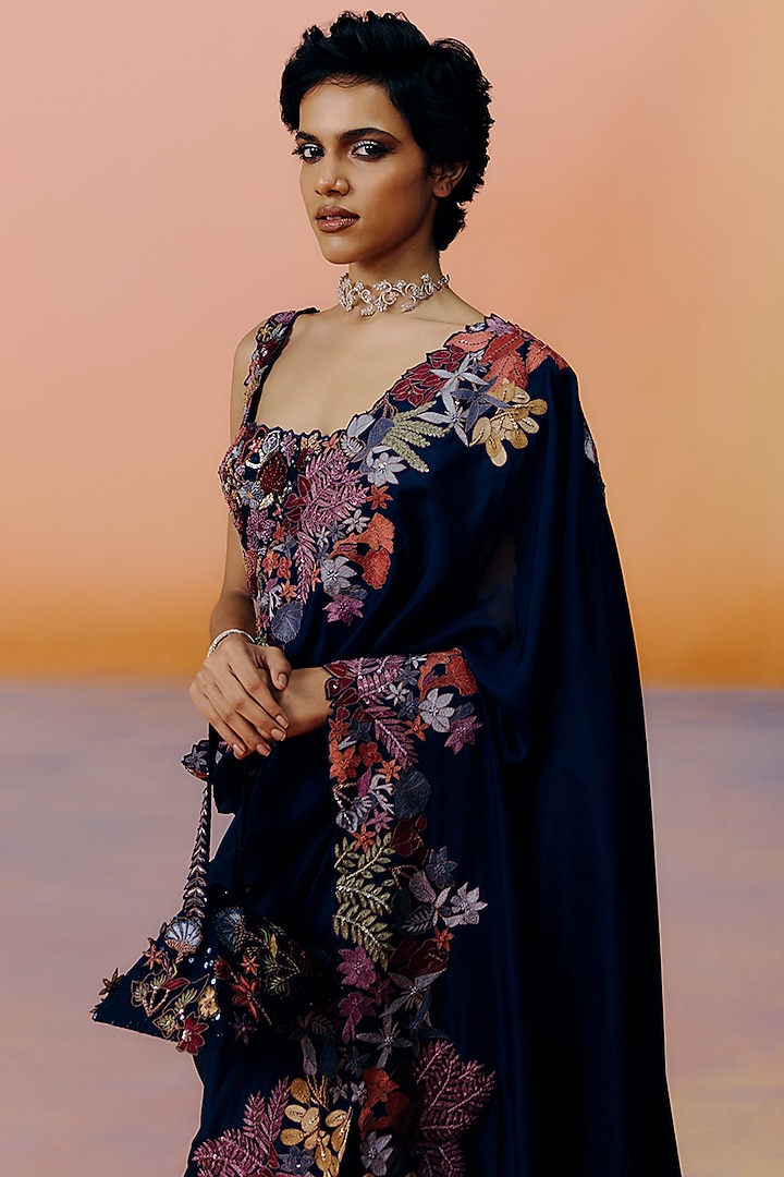 Navy Blue Silk Floral Embroidered Bridal Saree Set by Mishru at Pernia's Pop Up Shop