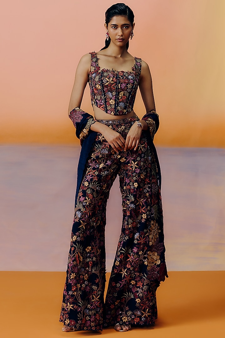 Navy Blue Organza Floral Embroidered Pant Set by Mishru at Pernia's Pop Up Shop