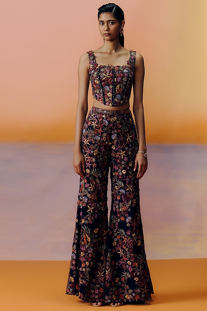 Navy Blue Organza Floral Embroidered Pant Set by Mishru at Pernia's Pop Up Shop
