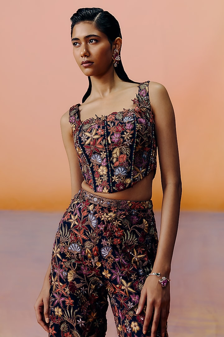 Navy Blue Organza Floral Embroidered Pant Set by Mishru at Pernia's Pop Up Shop