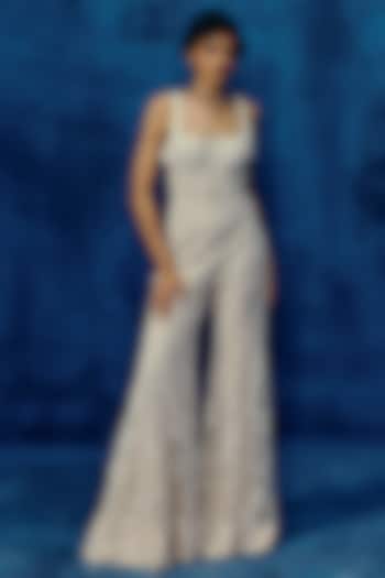 Ivory Tulle Embroidered Jumpsuit by Mishru at Pernia's Pop Up Shop