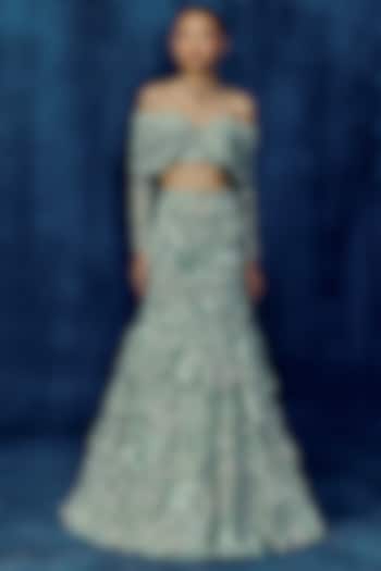 Mint Tulle Embroidered Fish-Cut Layered Skirt Set by Mishru at Pernia's Pop Up Shop