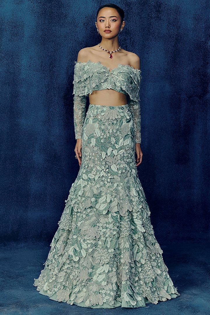 Mint Tulle Embroidered Fish-Cut Layered Skirt Set by Mishru at Pernia's Pop Up Shop