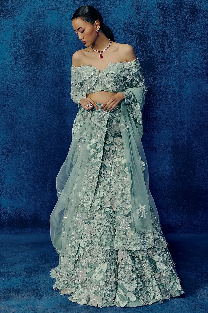 Mint Tulle Embroidered Fish-Cut Layered Skirt Set by Mishru at Pernia's Pop Up Shop