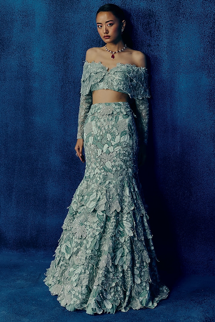 Mint Tulle Embroidered Fish-Cut Layered Skirt Set by Mishru at Pernia's Pop Up Shop