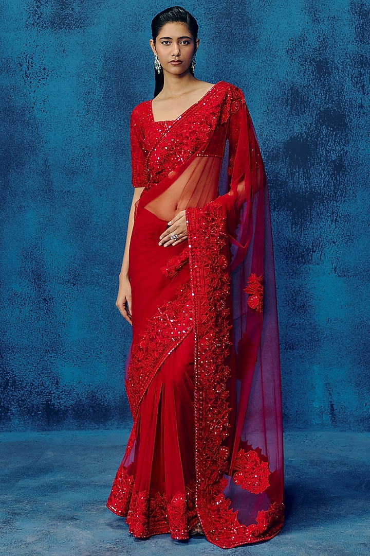 Red Tulle Floral Embroidered Bridal Saree Set by Mishru at Pernia's Pop Up Shop