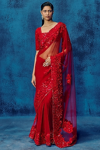 Red Tulle Floral Embroidered Saree Set by Mishru
