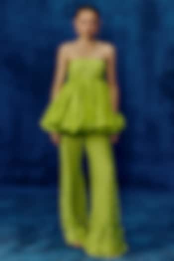 Lime Organza & Tulle Embroidered Pant Set by Mishru at Pernia's Pop Up Shop