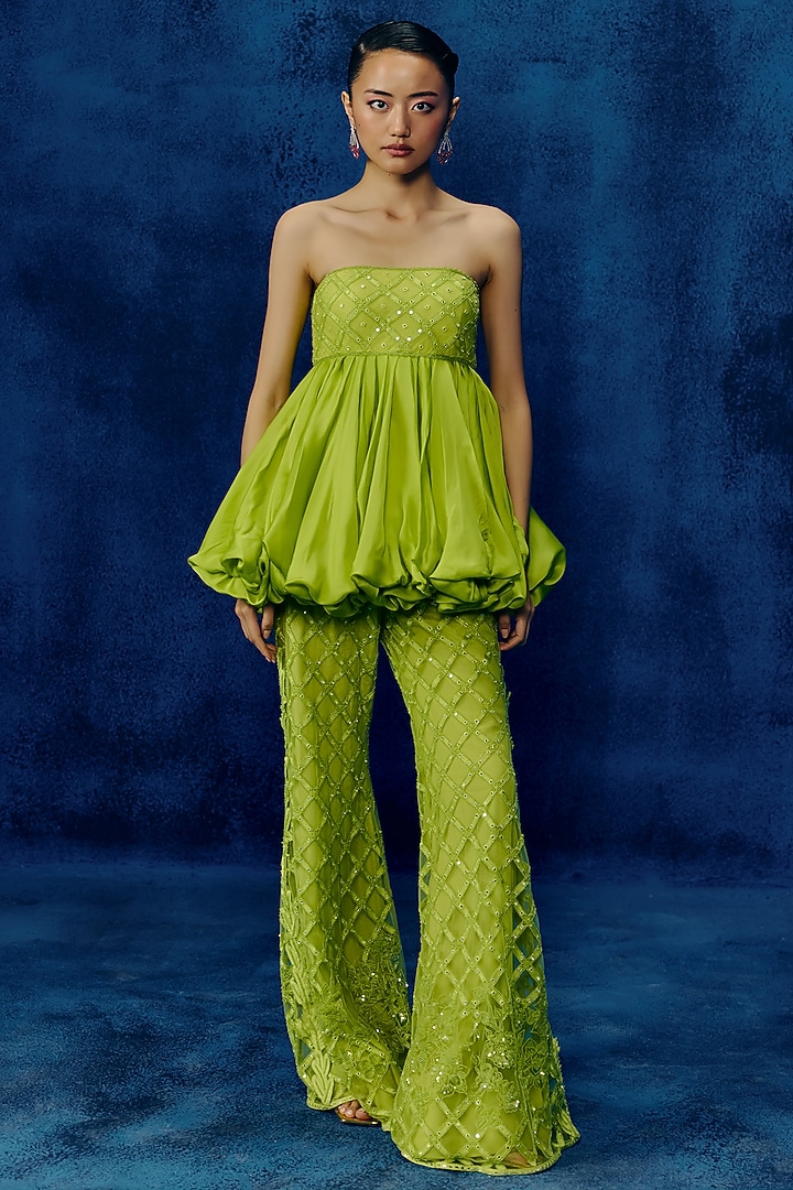 Lime Organza & Tulle Embroidered Pant Set by Mishru at Pernia's Pop Up Shop