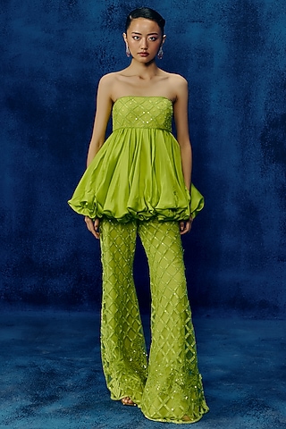 Lime Organza & Tulle Embroidered Pant Set by Mishru