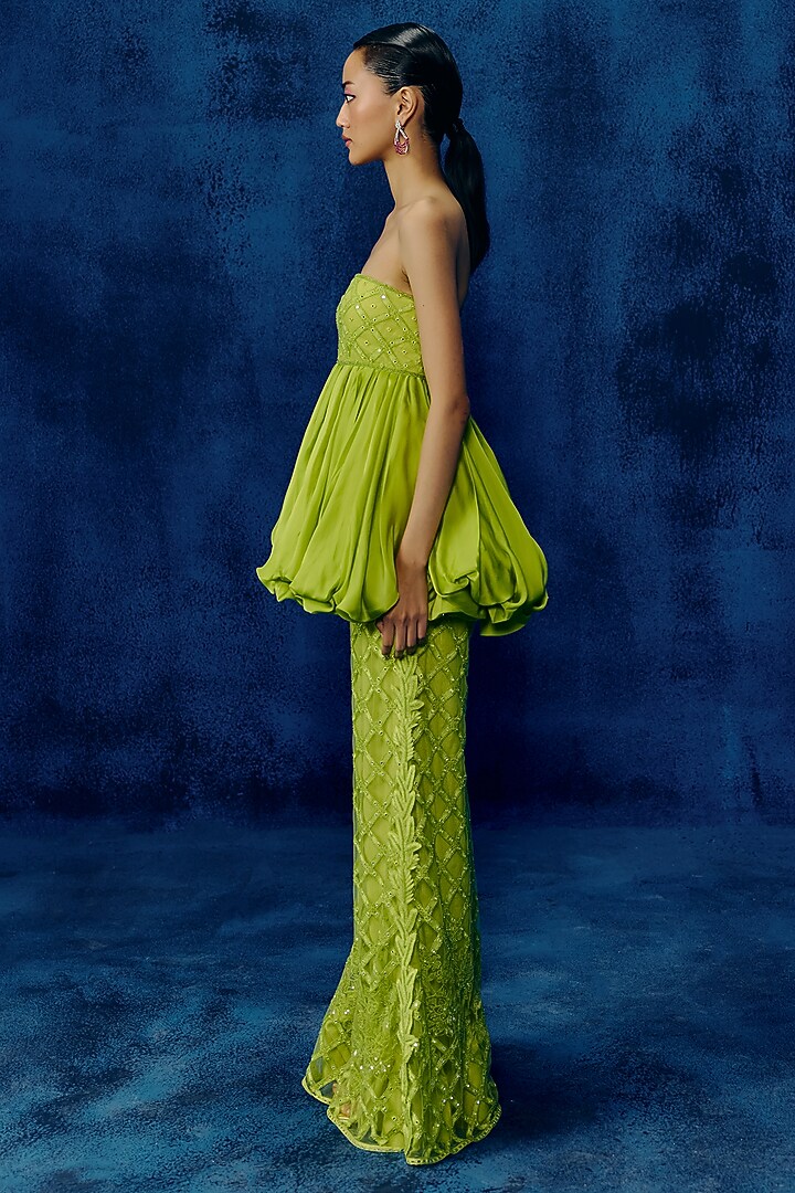 Lime Organza & Tulle Embroidered Pant Set by Mishru at Pernia's Pop Up Shop