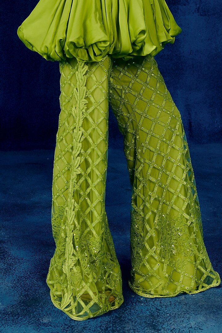 Lime Organza & Tulle Embroidered Pant Set by Mishru at Pernia's Pop Up Shop