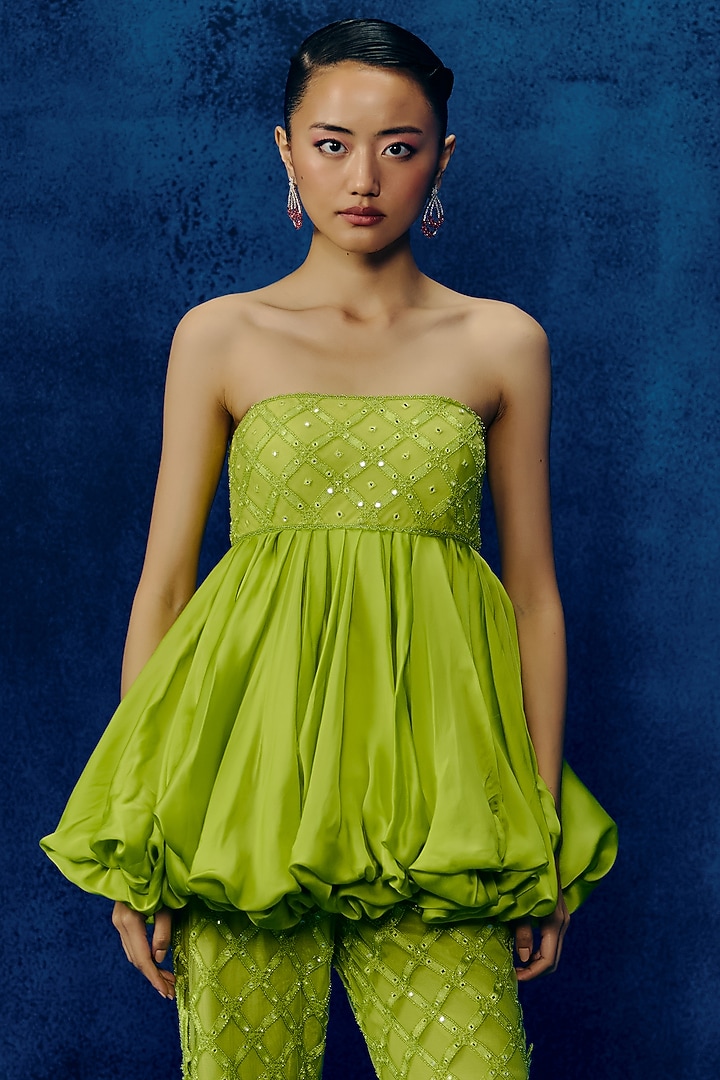 Lime Organza & Tulle Embroidered Pant Set by Mishru at Pernia's Pop Up Shop