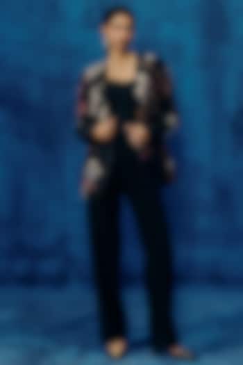 Black Raw Silk Embroidered Structured Blazer Set by Mishru at Pernia's Pop Up Shop