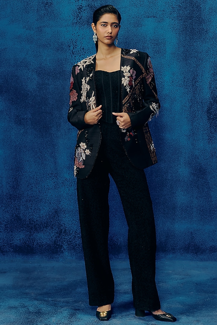 Black Raw Silk Embroidered Structured Blazer Set by Mishru at Pernia's Pop Up Shop