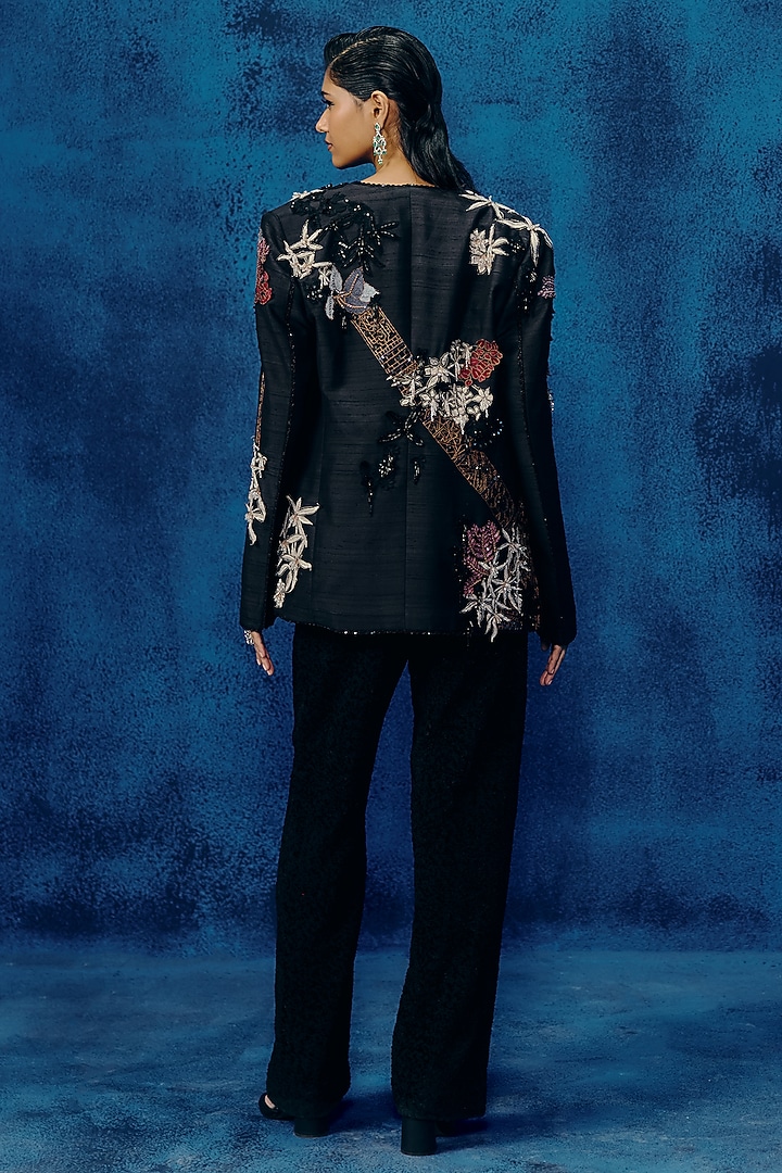 Black Raw Silk Embroidered Structured Blazer Set by Mishru at Pernia's Pop Up Shop