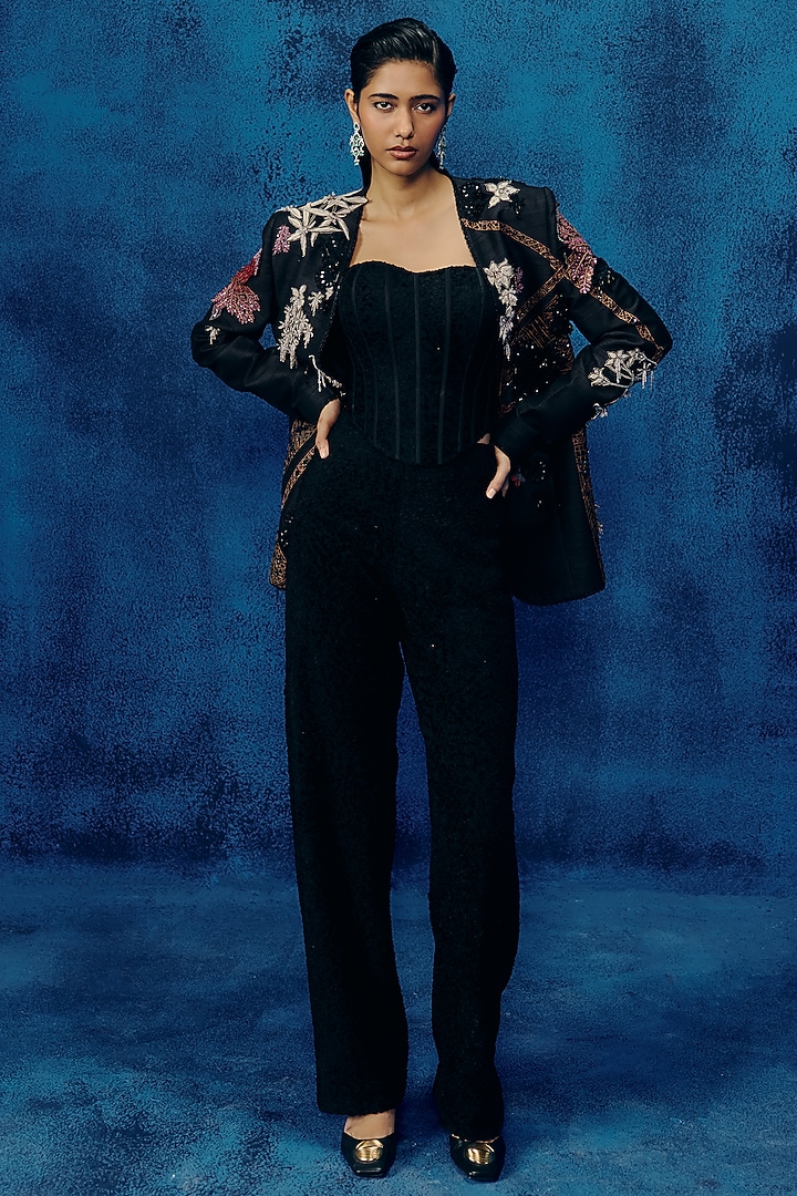 Black Raw Silk Embroidered Structured Blazer Set by Mishru at Pernia's Pop Up Shop