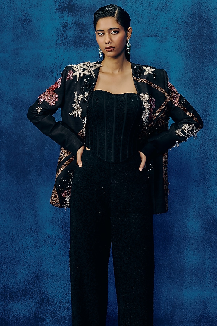 Black Raw Silk Embroidered Structured Blazer Set by Mishru at Pernia's Pop Up Shop