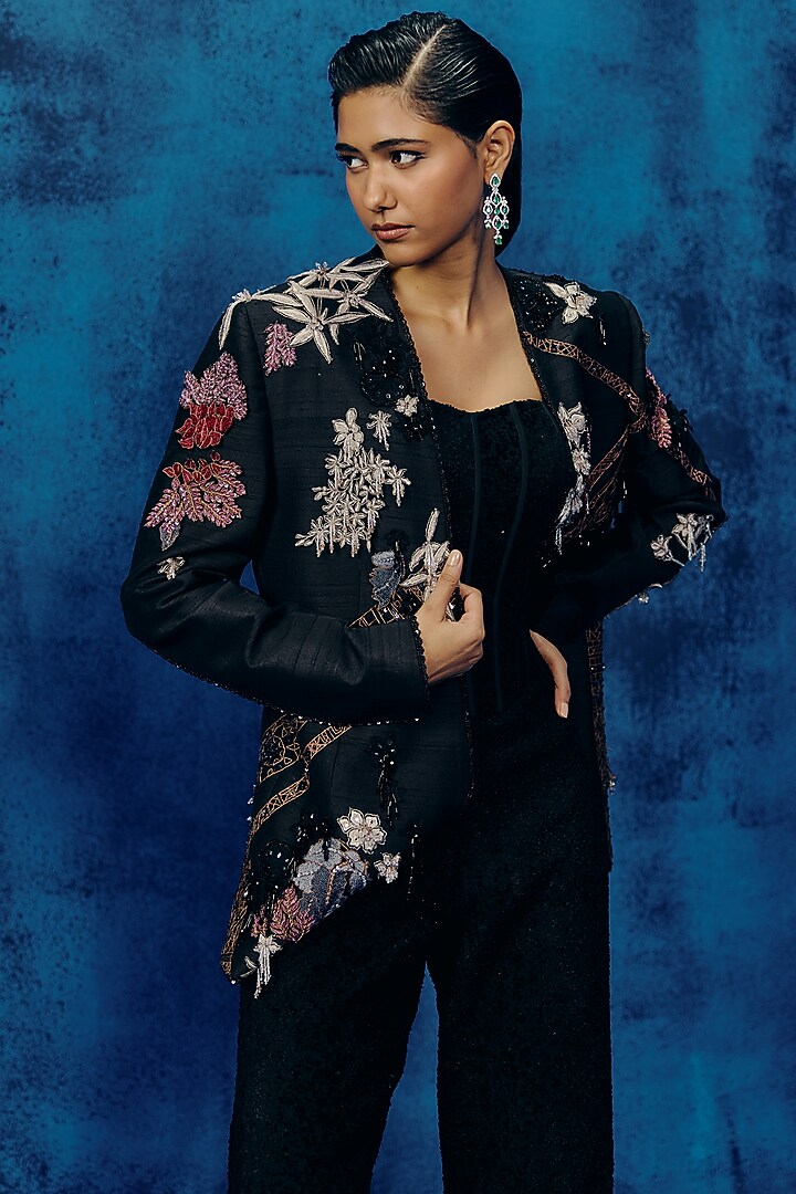 Black Raw Silk Embroidered Structured Blazer Set by Mishru at Pernia's Pop Up Shop
