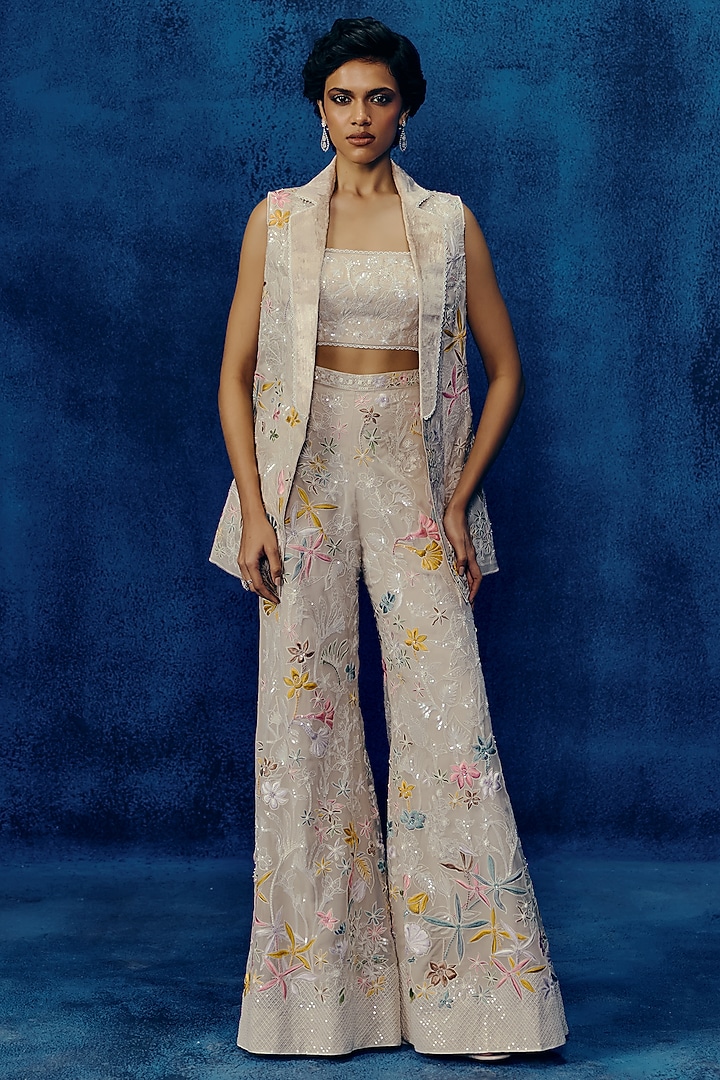 Champagne Organza Floral Embroidered Pant Set by Mishru at Pernia's Pop Up Shop
