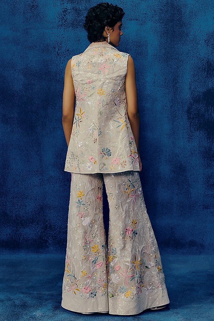 Champagne Organza Floral Embroidered Pant Set by Mishru at Pernia's Pop Up Shop