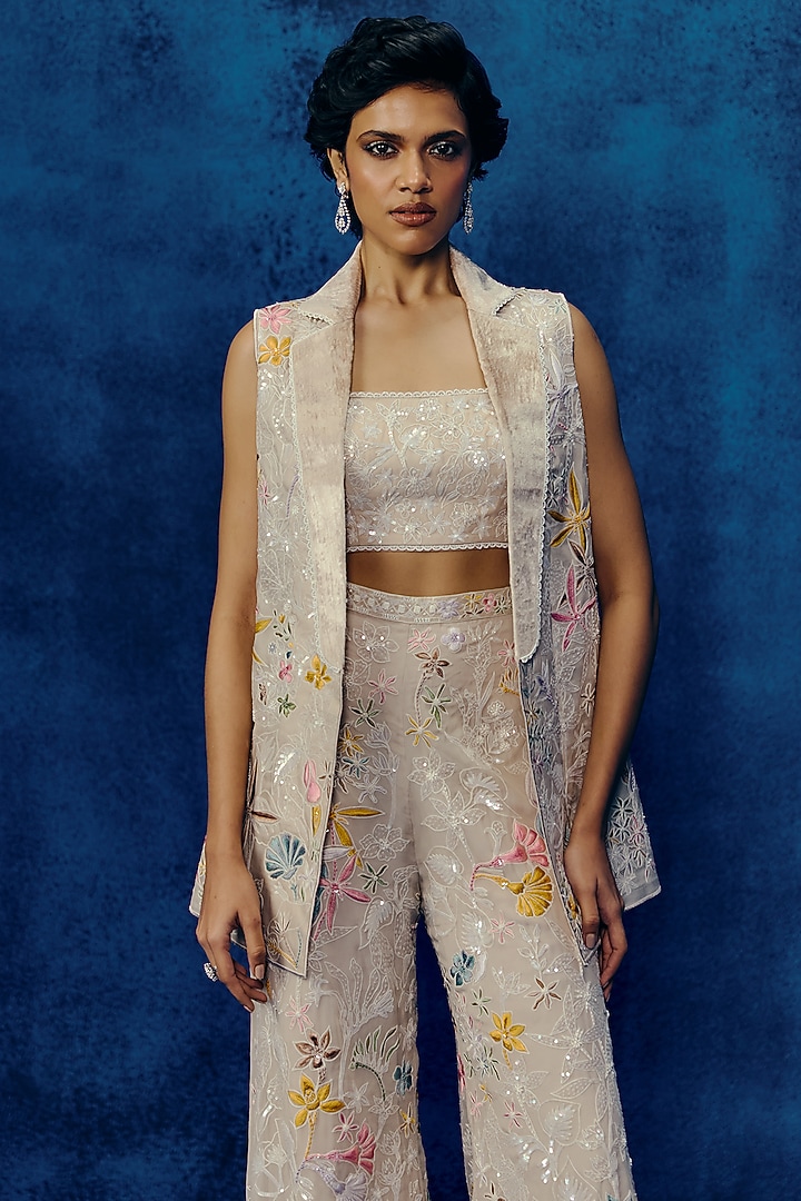 Champagne Organza Floral Embroidered Pant Set by Mishru at Pernia's Pop Up Shop