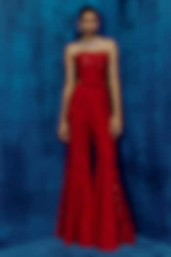 Red Tweed Floral Embroidered Pant Set by Mishru at Pernia's Pop Up Shop