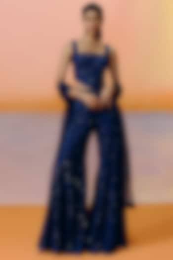 Navy Blue Tulle Embroidered Pant Set by Mishru at Pernia's Pop Up Shop