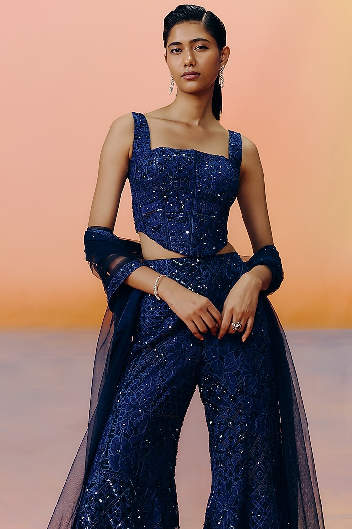 Navy Blue Tulle Embroidered Pant Set by Mishru at Pernia's Pop Up Shop