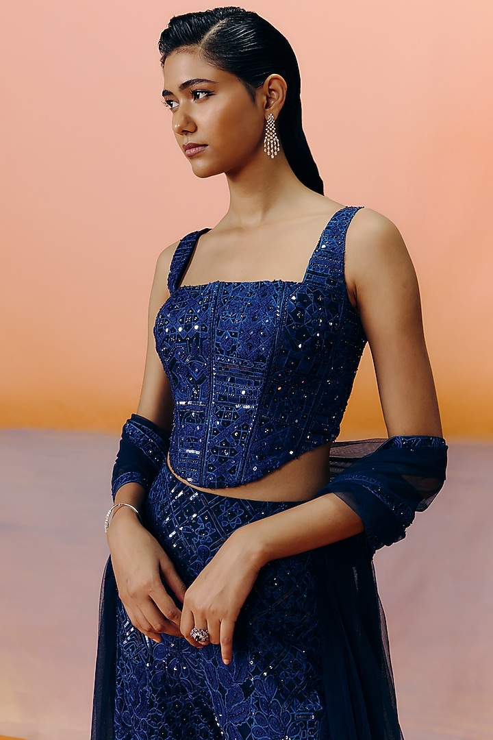 Navy Blue Tulle Embroidered Pant Set by Mishru at Pernia's Pop Up Shop
