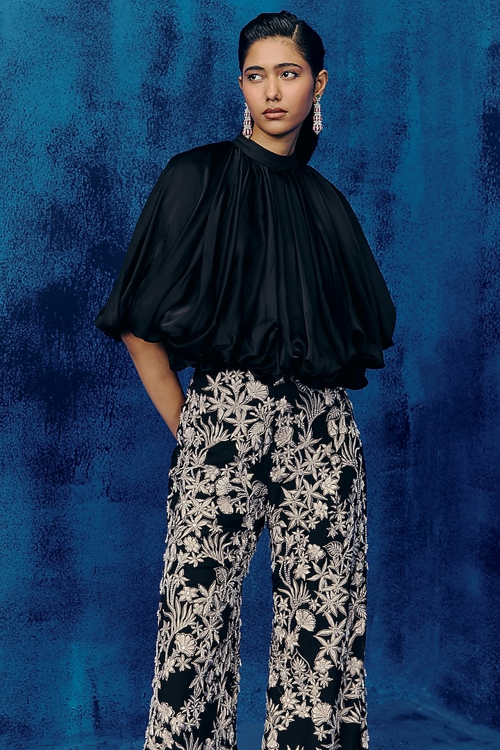 Black & White Organza Floral Embroidered Pant Set by Mishru at Pernia's Pop Up Shop