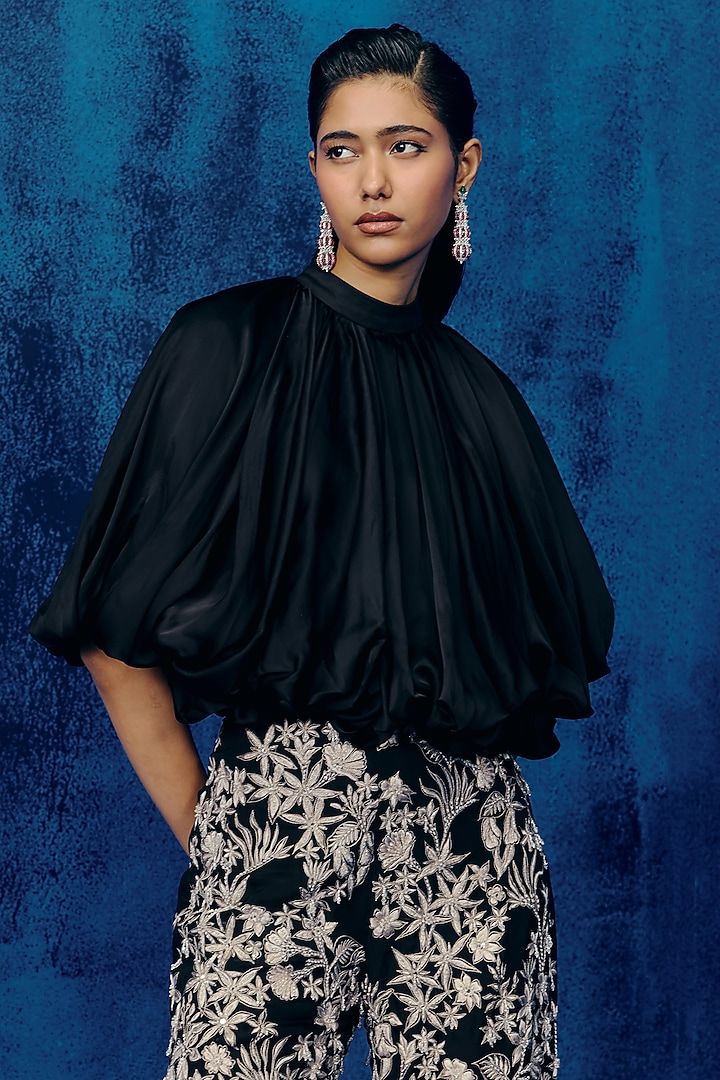 Black & White Organza Floral Embroidered Pant Set by Mishru at Pernia's Pop Up Shop