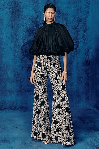 Black & White Organza Floral Embroidered Pant Set by Mishru