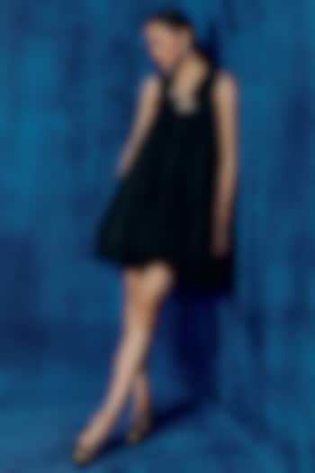 Black Organza Floral Applique Embroidered Mini Party Wear Dress by Mishru at Pernia's Pop Up Shop