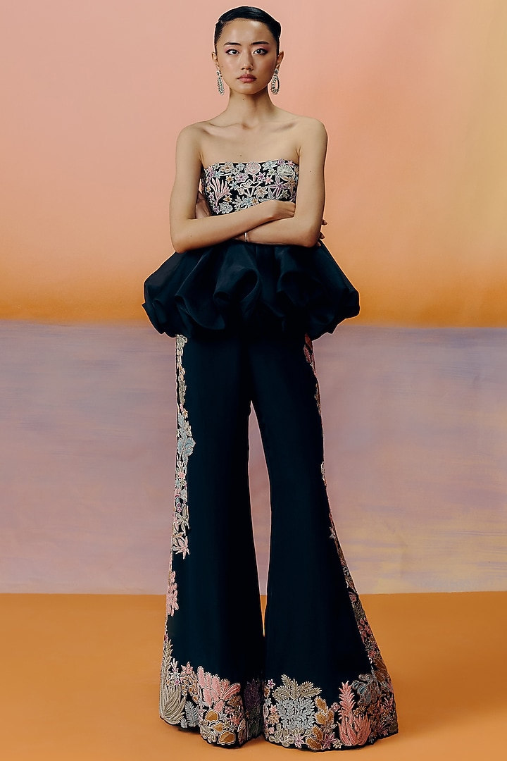Black Organza Floral Applique Embroidered Kalidar Pant Set by Mishru at Pernia's Pop Up Shop