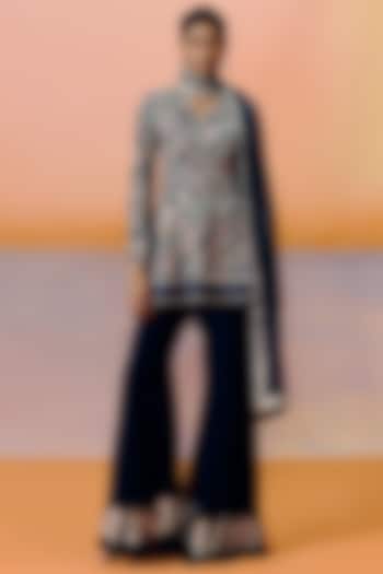 Navy Blue Organza Floral Embroidered Kurta Set by Mishru at Pernia's Pop Up Shop