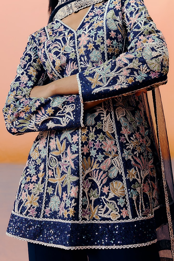 Navy Blue Organza Floral Embroidered Kurta Set by Mishru at Pernia's Pop Up Shop
