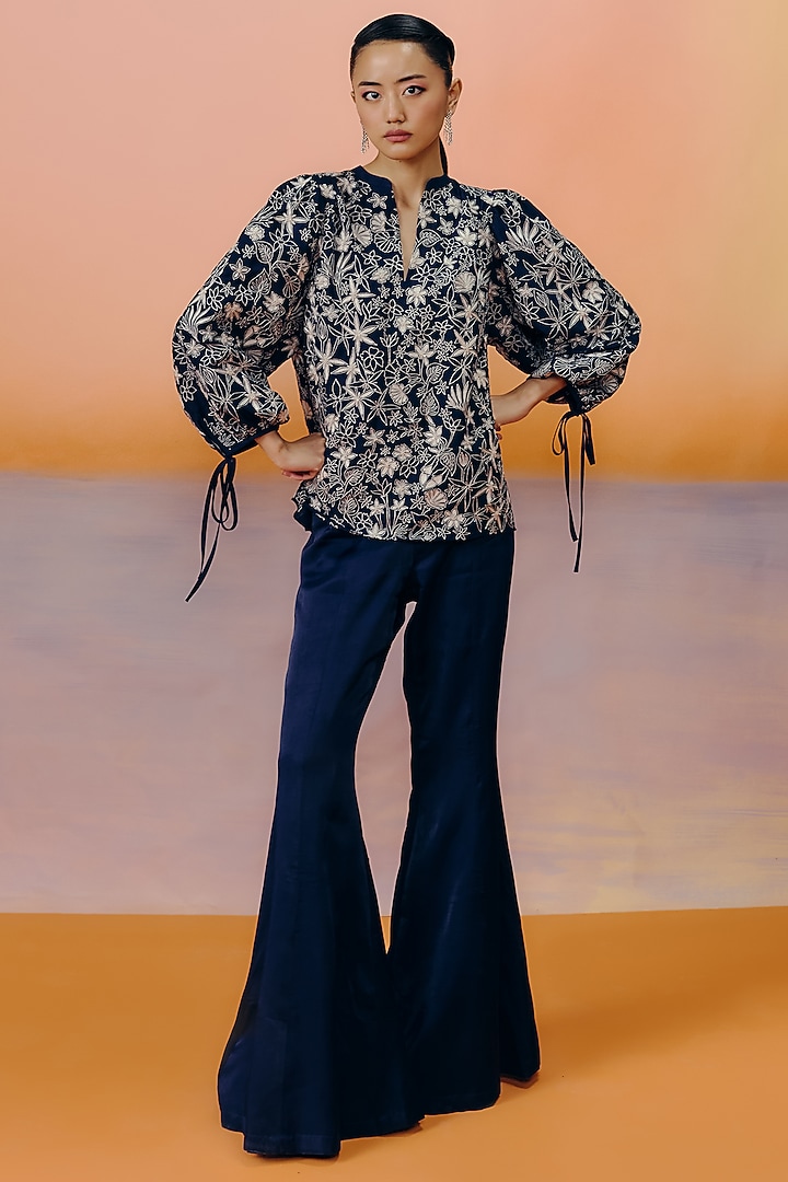 Navy Blue Dupion Silk & Satin Pant Set by Mishru at Pernia's Pop Up Shop
